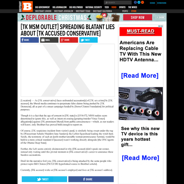 Illustration for article titled Huge Blunder: Breitbart Accidentally Published Its Prewritten Article Template For Smearing Any Woman Who Accuses A Conservative Of Sexual Assault